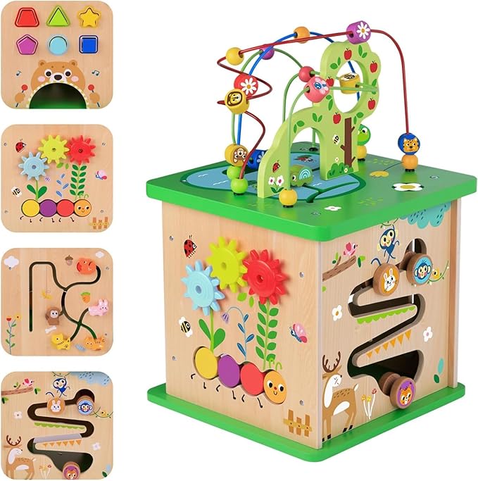TOOKYLAND 5 in 1 Activity Center, Wooden Large Activity Play Cube 23"X13"X13", Wooden Learning Puzzle Toy for Toddlers, with Animal Friends, Shapes, Mazes, Shape Sorter