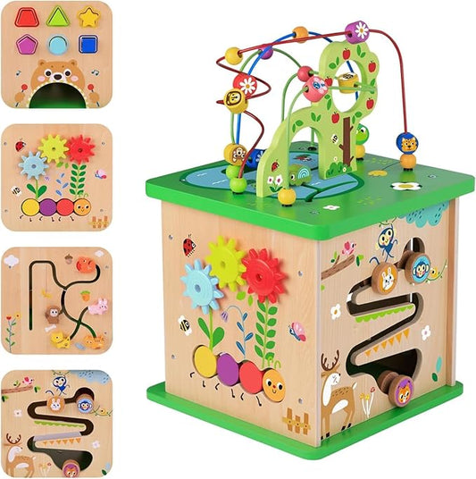 TOOKYLAND 5 in 1 Activity Center, Wooden Large Activity Play Cube 23"X13"X13", Wooden Learning Puzzle Toy for Toddlers, with Animal Friends, Shapes, Mazes, Shape Sorter