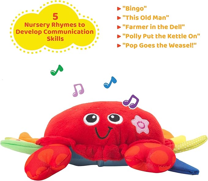 KiddoLab Musical Plush Crab Toy for 3+ Month Old Babies with Nursery Rhymes, Sounds and Sensor Button for Tummy Time and Early Development