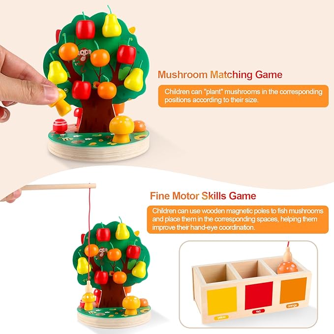 Montessori Toys for 3 4 5 6 Year Old - Wooden Sensory Toy for Toddlers - Shape Sorting Puzzle for Fine Motor Skills - Apple Picking Magnetic Tree Toy,Hand-Eye Coordination,Color Recognition