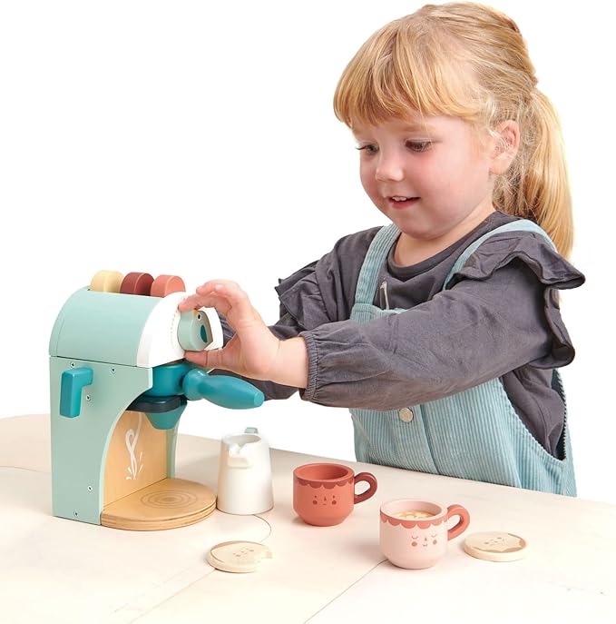 Tender Leaf Toys - Babyccino Maker - Wooden Coffee Machine Pretend Food Play Toy with Espresso Capsules and Cups - Made with Premium Materials and Craftsmanship - Age 3+