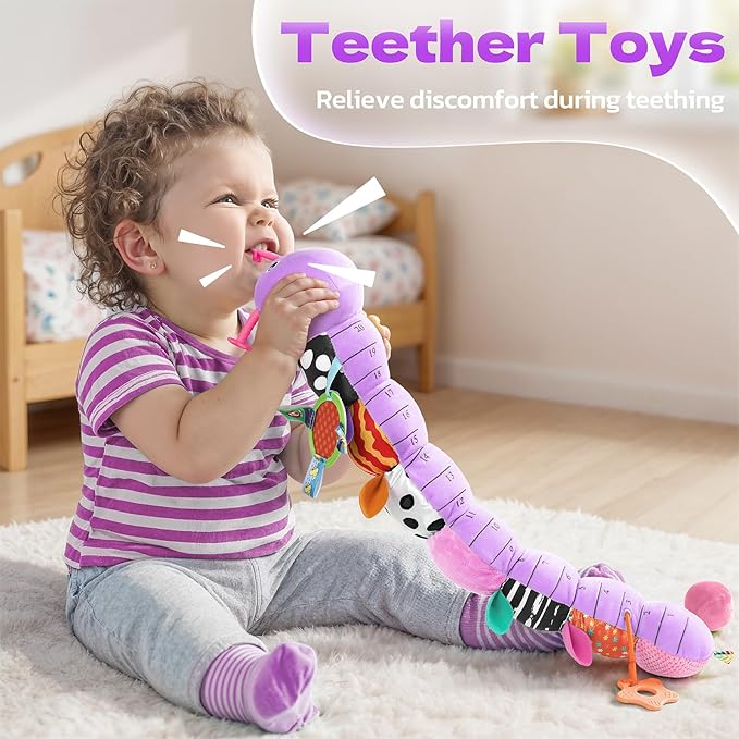 HEMRLY Baby Sensory Toy 0-6 Months, Musical Stuffed Caterpillar Plush with Teether, Crinkle, Rattle, Baby Mirror for Tummy Time, Infant Car Seat Toy for 0-3-6-12 Month Boys Girls Gifts - Leaf Purple