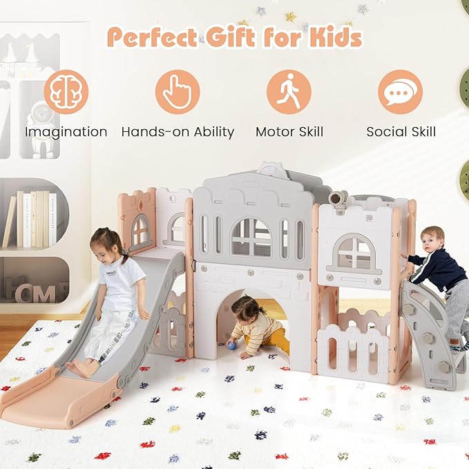 Costzon 8 in 1 Toddle Slide Playset, Freestanding Kids Slide w/Tunnel, Basketball Hoop, Toddler Climber Slide Playset Indoor Playground for Kids 1-3 w/Storage Space, Gifts for Boys Girls (Pink)