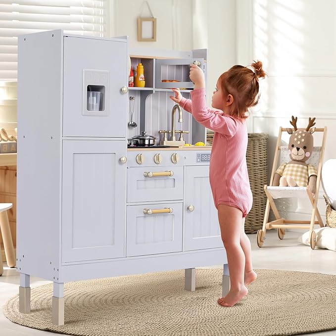 Wooden Play Kitchen for Kids, Toddler Vintage Kitchen Toy Set w/Pretend Phone, Ice Maker, Towel Rack, Height Adjustable Realistic Playset Chef w/Light & Sound (Gray)