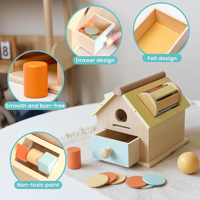 Wooden Montessori Toys for Toddlers 1-3, 4-in-1 Newborn Learning Educational Sets with Spinning Drum, Coin Box,Ball Drop, Shape Sorter - Christmas Birthday Gift for Boys Girls