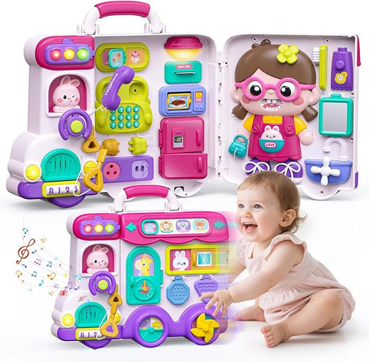 54-in-1 English & Spanish Busy Board Montessori Toys Gift for 1 2 Year Old Girls, Educational Montessori Learning Toys for 1 Year Old, Christmas Toys Gifts for 1 2 Year Old Girl, 1 Year Old Gift Toy