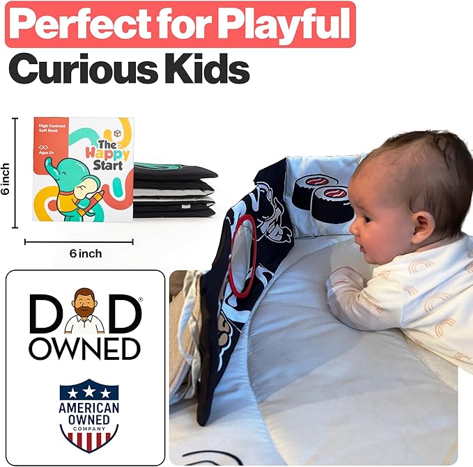 Happy Start High Contrast Baby Soft Book - Sensory Cloth Book for Newborns and Infants 0-12 Months with Mirror, Crinkle & Squeaker | Baby Tummy Time Toy, Crib, Stroller & Travel Developmental Toy