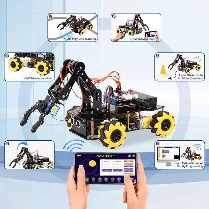 ACEBOTT 5DOF Smart Robot Arm Car Kit, 4WD Remote Control Car Compatible with Arduino/Python/Blockly Programming Project/STEM Education/Science Coding Kit for 12+ Teens and Adults Unique Gifts