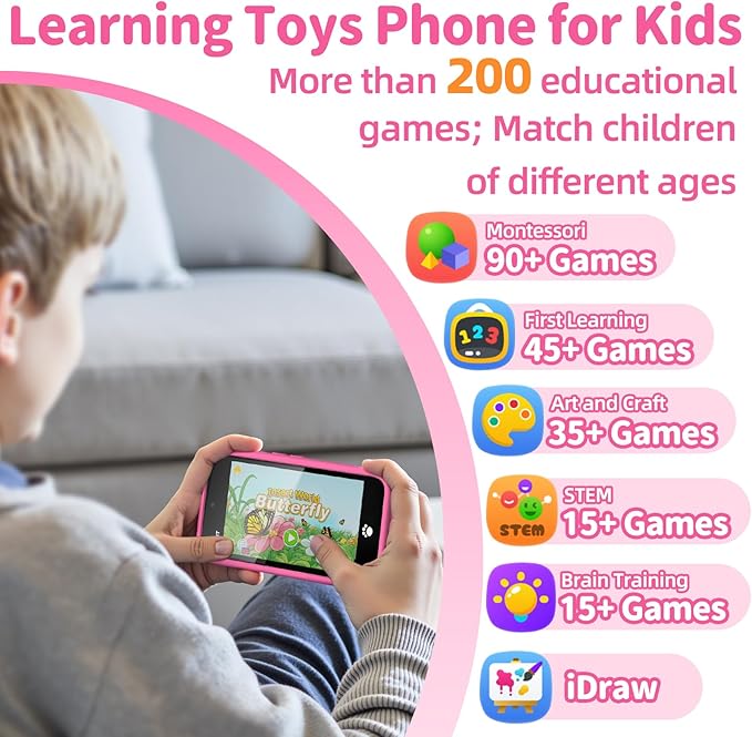 MOMILLA Kids Toys Smart Phone with Dual Camera, 3.97" Touchscreen, 200+ Educational Games, Learning Toys with Parental Control for Ages 3-8, for Kids