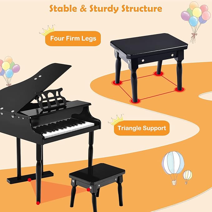 30-Key Kids Piano Keyboard, Mini Grand Piano for 3 Years+, Toddler Musical Instrument with Stool & Removable Music Stand, Wooden Baby Music Toys Gifts for Beginners, Girls & Boys