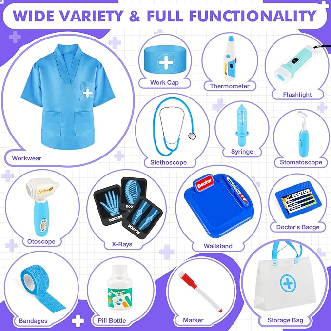 Doctor Kit for Kids, 17 Pcs Medical Play Set with Bag and Dress Up Costume for Toddlers 3-5, Pretend Play Toys for Boys Girls, Halloween Christmas Birthday Gifts