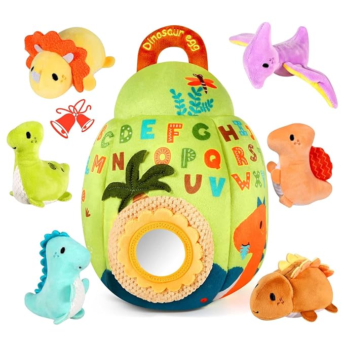 FREYBLI Baby Toys 6-12 Months - Soft Dinosaur Toy with Rattle, Crinkle Paper, Squeaker, Mirror - Baby Sensory Montessori Toys for 6 Month Old Developmental, 1 Year Old Boy Girl Gifts Toys