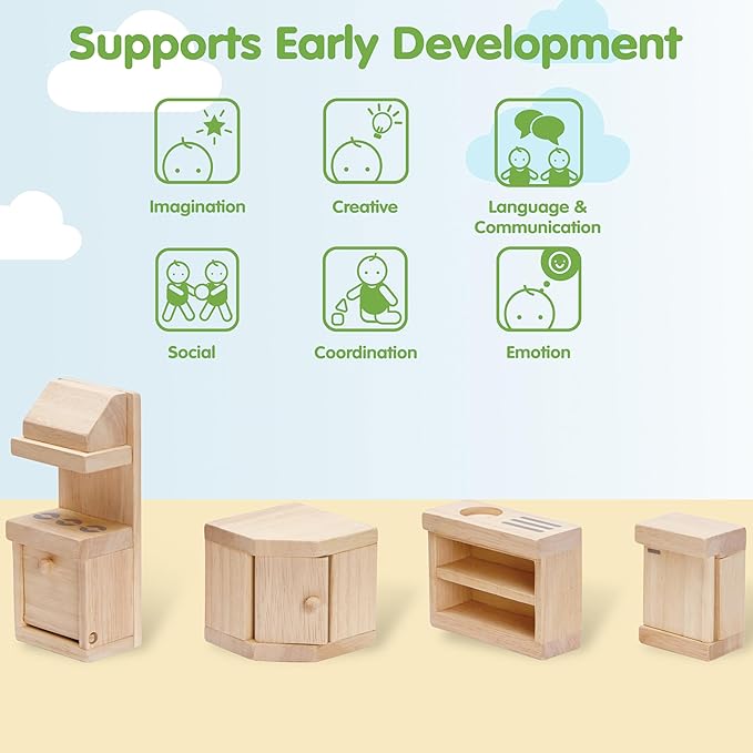 PlanToys Wooden Classic Line of Dollhouse Furniture- Kitchen Set (9013) | Sustainably Made from Rubberwood and Non-Toxic Paints and Dyes |PlanNatural Classic Wooden Toy Collection