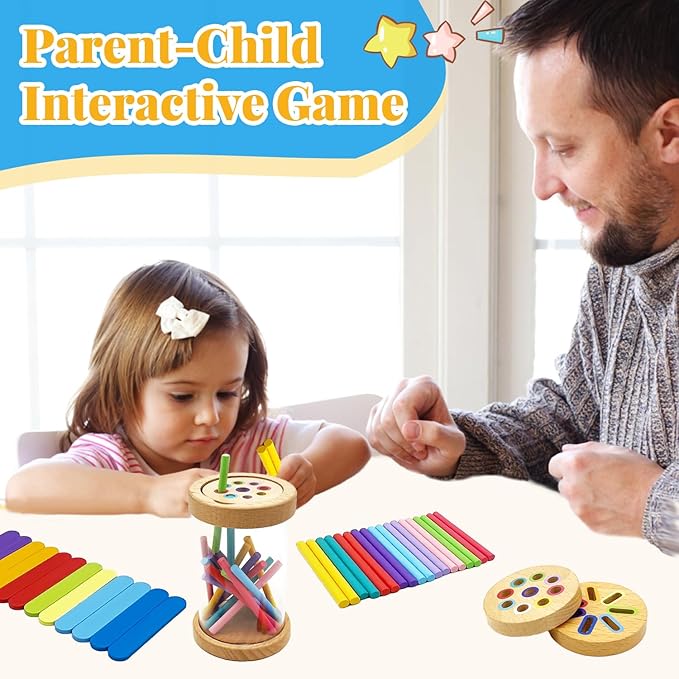 Montessori Wooden Stick Color Sorting Toys for 3 Year Old, Dual Play Educational Preschool Learning Fine Motor Skills Sensory Toys for Toddlers 3-5 Girl Boy Birthday Gifts (Acrylic Bucket)