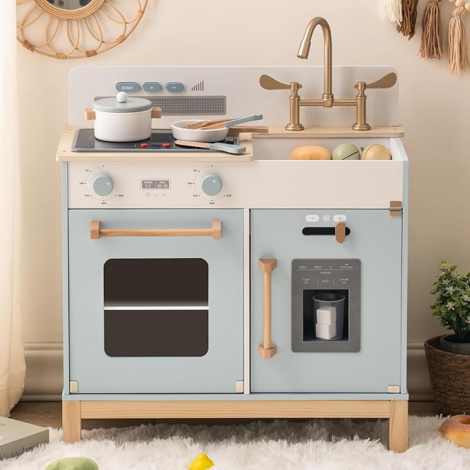 ROBOTIME Play Kitchen for Toddlers, Wooden Kids Kitchen Playset with Real Lights & Sounds/Ice Cube Dispenser, Pretend Play Montessori Toy, Gift for Ages 3+ (Blue)