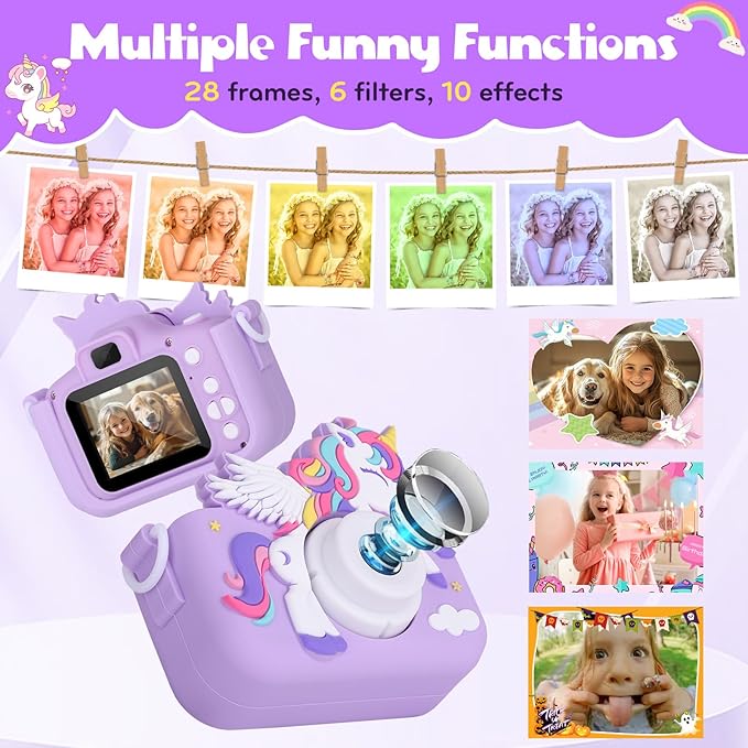 Kids Camera Unicorn Toys for Girls, Digital Camera for Kids Age 3-8 Toddler Travel Toys, Birthday Gift for Girls 3 4 5 6 7 8 Year Old Christmas, HD 1080P Video Camera, 32G SD Card Included (Purple)