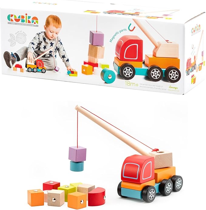CUBIKA Wooden Crane Truck – Magnetic Construction Vehicle Playset for Toddlers Ages 18 Months+ – Montessori Toy for Fine Motor Skills, Creativity, and Imaginative Play