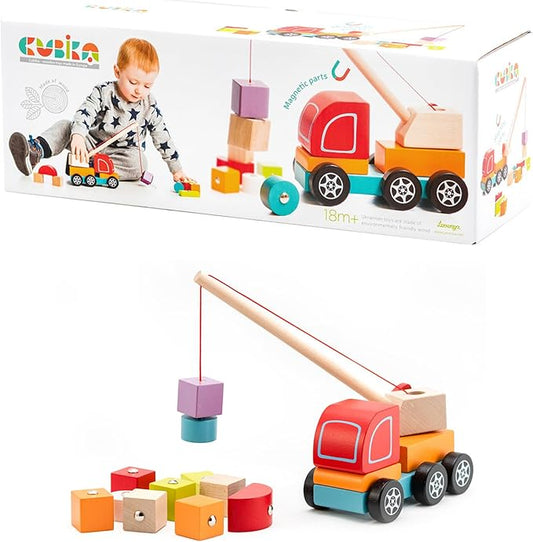 CUBIKA Wooden Crane Truck – Magnetic Construction Vehicle Playset for Toddlers Ages 18 Months+ – Montessori Toy for Fine Motor Skills, Creativity, and Imaginative Play
