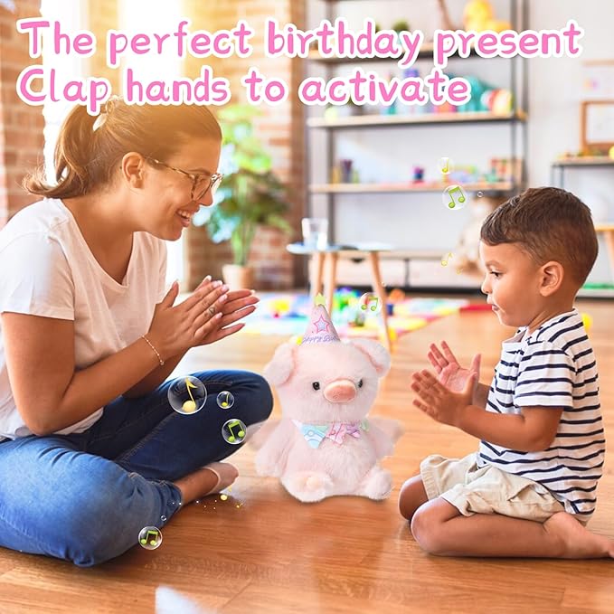 Birthday Piglet Plush Toy Clap Activated with Voice Recording Singing Dancing Interactive Stuffed Animal Gift for Toddler Kids Boys Girls