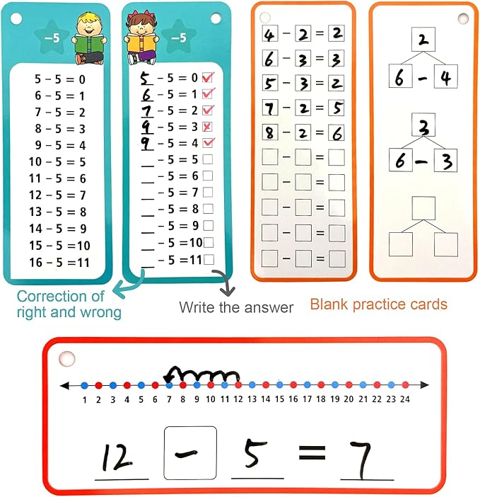 1-12 Math Flash Cards with 6 Dry Erase Pens, 15Pcs Big Subtraction Flash Cards + 36 Pcs Random Double-Sided Subtraction Practice Cards, Educational Math Flashcards for Kids Ages 3+