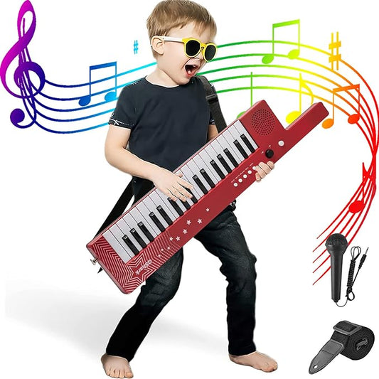 Portable Piano Keyboard 37 keys, Electronic Karaoke Keytar Toys w/Microphone & Carry Strap, 4 Tones, 4 Rhythms, 10 Demo Songs, Rechargeable, Guitar Birthday Gifts for Boys Girls Kid Age 3+, Red