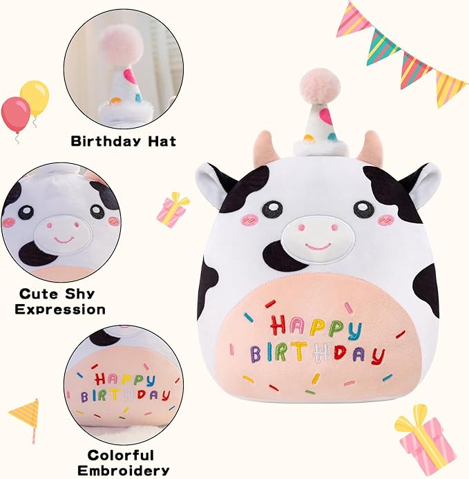 SQEQE Cow Stuffed Animal Kawaii Cow Plushie with Birthday Hat Soft Cow Stuffed Toy Birthday Party Decoration Gift for Kids Girls Boys(Dairy Cow,10 Inch)