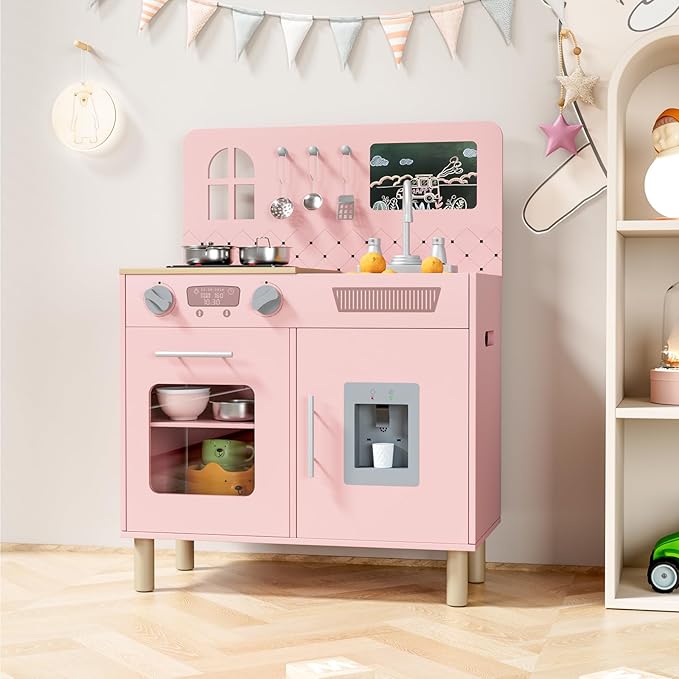 MAMIZO Play Kitchen for Kids, Pretend Playset with Blackboard & Realistic Lights & Sounds, Ultimate Interactive Wooden Kitchen with Knob Sounds, Sink, Water Dispenser, 6 Pcs Cookware for Ages 3+(Pink)