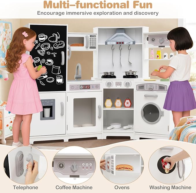 HONEY JOY Corner Play Kitchen, Large Wooden Pretend Toy Kitchen Set w/Lights, Ice & Coffee Maker, Range Hood, Chalkboard, Microwave, Cookware, Little Chef Kids Kitchen Playset for Toddlers (White)