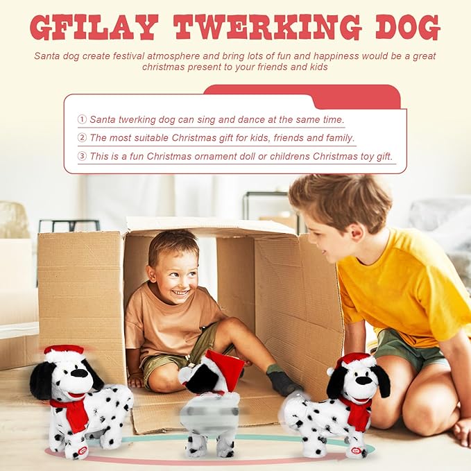 Twerking Dog Toy, Singing and Dancing Plush Puppy, Animated Christmas Plush Toy, Funny Interactive Santa Dog Figure, White Elephant Gift for Adults and Kids, Holiday Decor