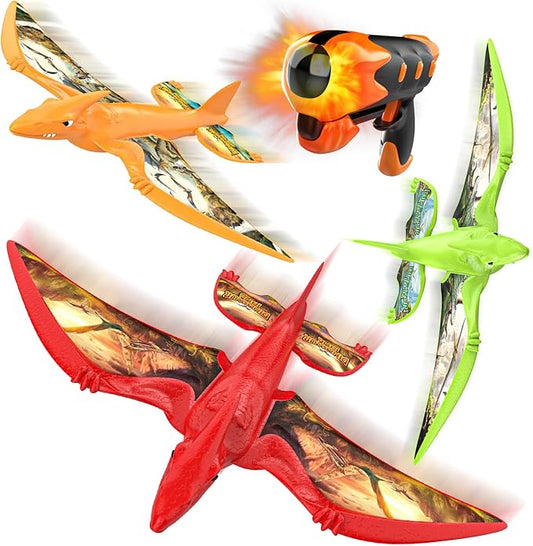 Aiencsai 3 Pack Dinosaur Airplane Launcher Toys for Kids, Foam Airplanes for Kids Boys Toys with Stickers, Outdoor Flying Toys Birthday Gifts for 4 5 6 7 8 9 10 12 Year Old Boys Girls.