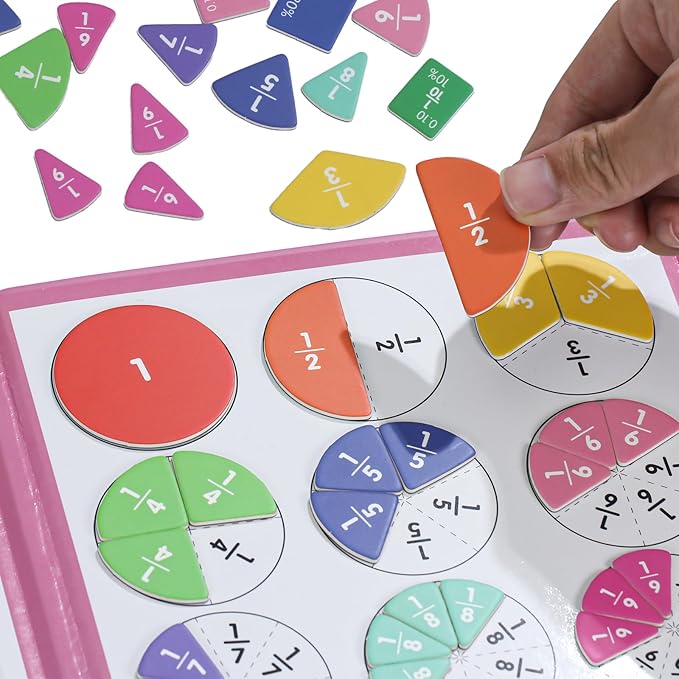 Magnetic Fraction Educational Puzzle with Fraction Tiles & Circles, Math Manipulatives Montessori Learning Toys to Help Kids Learn Fractions and Build Early Math Skills (Pink)