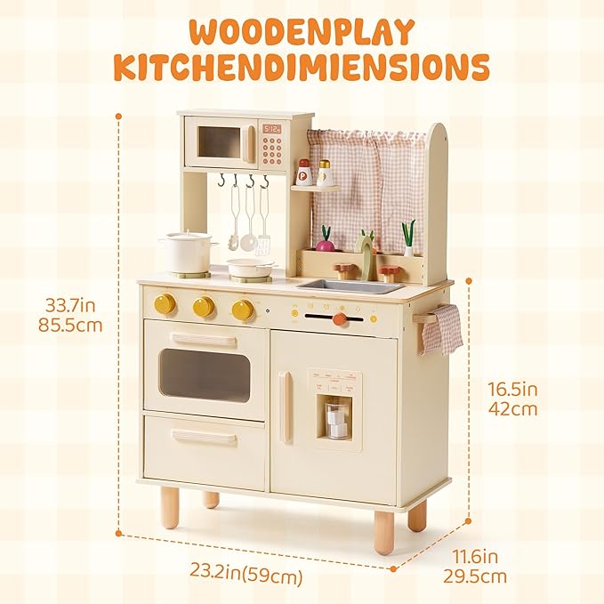 ROBUD Wooden Play Kitchen Set, Pretend Play Kitchen for Kids, Toy Kitchen with Microwave, Sink, Stove and Ice Maker, Toddlers Kitchen Playset Gift for Boys Girls, 3+ (Cream)