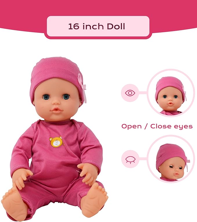 Interactive 16” Baby Doll Toy Doctor Kit with Light Up Heartbeat Sound Stethoscope, Pretend Role Play Accessories Set - Medical Checkup Playset Gift Pack for Kids, Girl Toddler – Pink, (16 Inch)