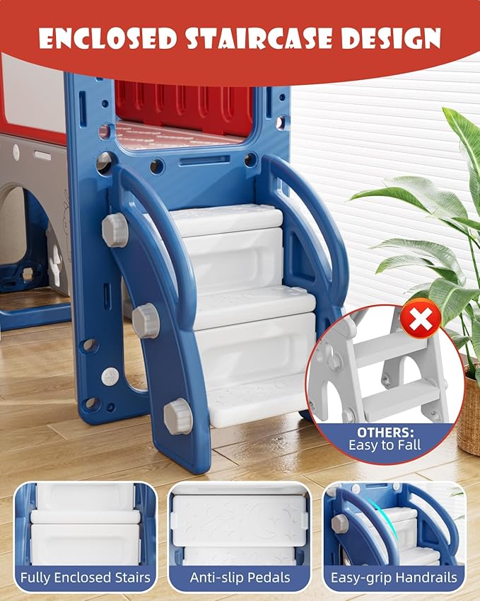 YUFU 13 in 1 Kids Slide for Toddlers, Toddler Slide Playset with Golf, Drawing Board, Climber, Basketball Hoop, Storage Space, Indoor Outdoor Toddler Playground for Kids Age 1-3 (Blue Red)