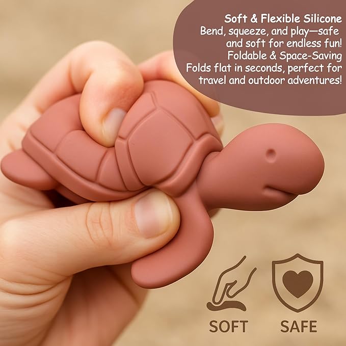 Silicone Beach Toys for Toddlers, Travel Friendly Sand Toys for Babies 6-12 Months, Collapsible Beach Bucket and Shovel Set with 6 Sand Molds for Kids, Family（Pink）