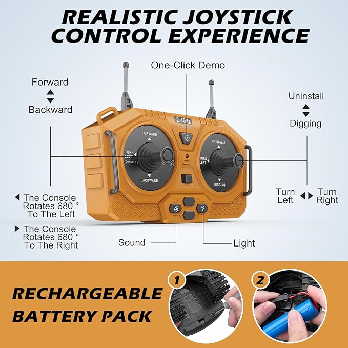 Remote Control Excavator Toy RC Play Excavator Construction Vehicles, 11CH 2.4Ghz RC Sand Digger with Metal Shovel & Light, Construction Truck Toys for Boys 3 4 5 6 7 8-12 Year Old Kids Birthday Gifts