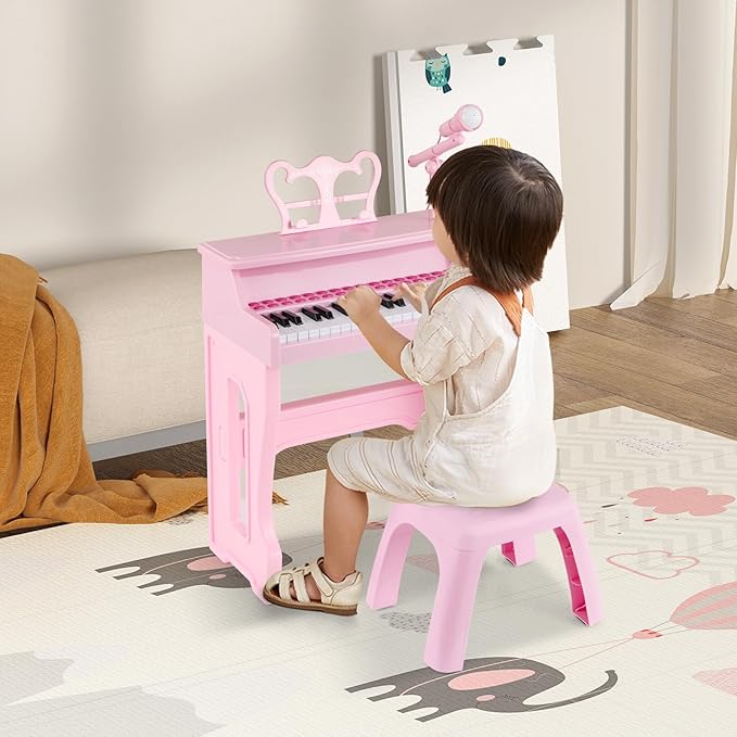 HONEY JOY Kids Piano, 37-Key Kids Keyboard Piano w/ Music Stand & Bench, Gift for Babies w/ Microphone, Portable Electronic Educational Musical Instrument, for Girls Boys (Pink)