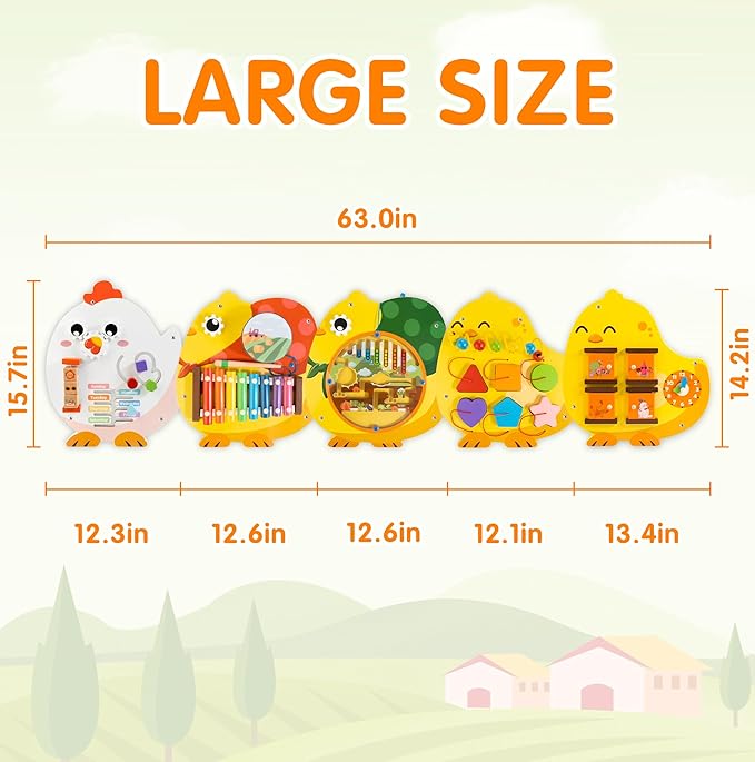 Chick Squad Activity Wall Busy Board Panels | 11-in-1 Wooden Sensory Wall Panel for Kids, Montessori Learning Activity Center | Perfect for Toddler Playroom Daycare Nursery Classroom Dentist Office
