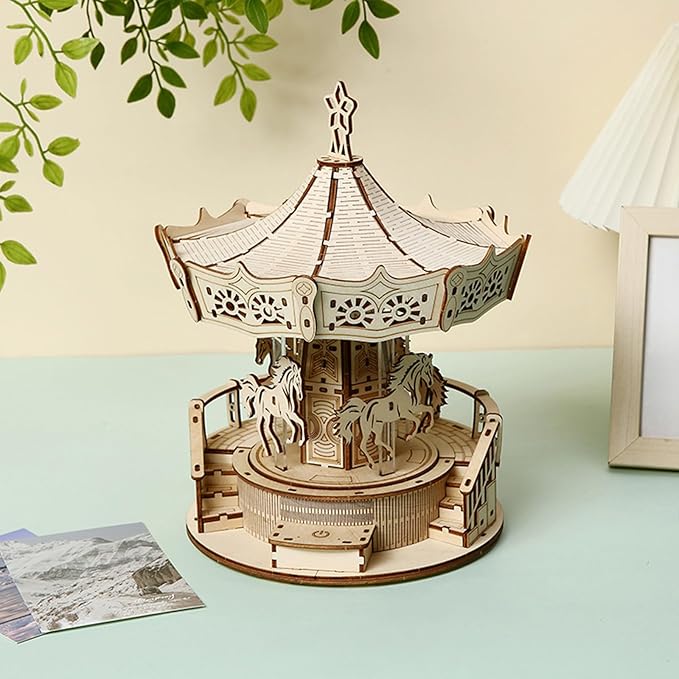 Adult 3D DIY Wooden Puzzles Music Carousel Model Building Kit Puzzles Set Jigsaw for Gifts