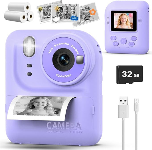 Kids Camera Instant Print Photo, Portable Thermal Printing Camera Toy with HD Digital Video, for 3-12 Years Old Boys Girls, Creativity & Learning (Purple)