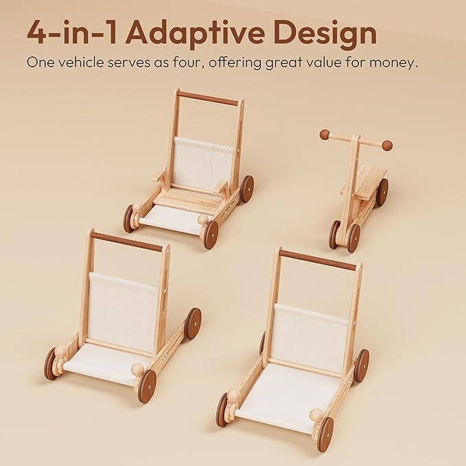 Woodtoe Wooden Baby Walker, 4-in-1 Montessori Baby Push Walker, Adjustable Speed Baby Push Toys, Wood Balance Bike, Educational Learning to Walk Christmas Toys for Toddler 1 2 3, 1st Birthday Gift