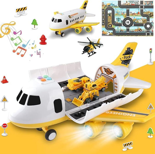 Dwi Dowellin Construction Toy Airplane Set/Play Mat,Excavator,Bulldozer,Mixer,Dumper Truck,Forklift,Crane,Alloy Metal Car Toys for 3 4 5 6 Years Old Toddlers Kids Boys & Girls(Large)
