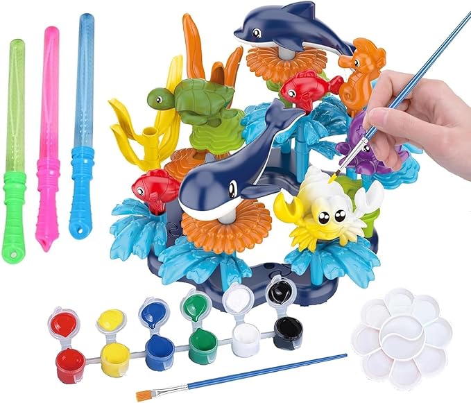 Ocean Reef Sea Creatures 37pcs Water Washable Painting & Building Toy Set, Children's Activity Art Kit, Paint Your Own Buildable Ocean Reef Toy with Free Bubbles Wand Gift