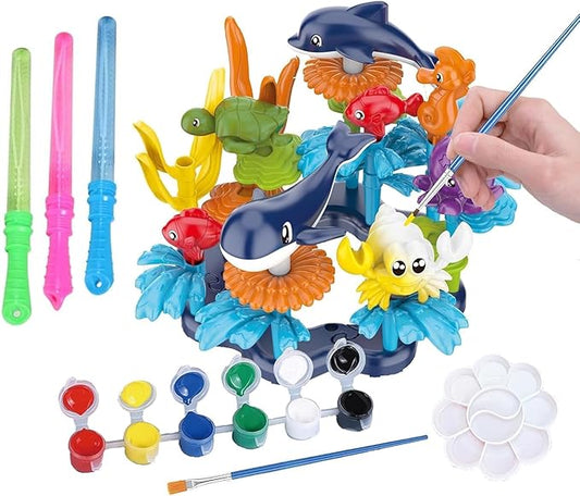 Ocean Reef Sea Creatures 37pcs Water Washable Painting & Building Toy Set, Children's Activity Art Kit, Paint Your Own Buildable Ocean Reef Toy with Free Bubbles Wand Gift
