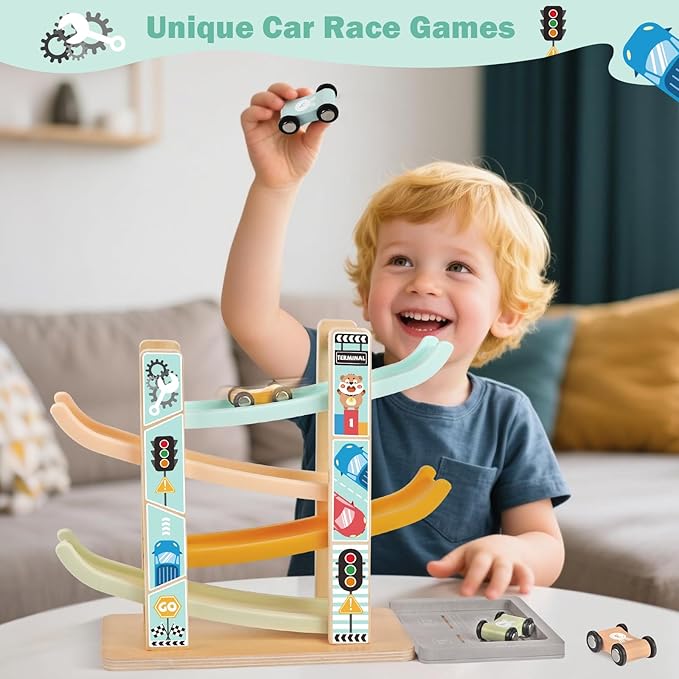 Wooden Montessori Toys for Toddlers 1-3, Baby Pounding Hammering Toy with Xylophone & Fishing Game, Car Ramp Racer, Stacking Blocks & Shape Sorter, 3 in 1 Learning Multi-Activity Set for 1 + Year Old