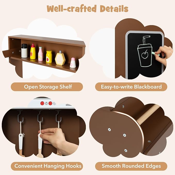 Costzon Corner Kitchen Playset, Kitchen Toy Set w/Real Lights & Sounds, Large Fridge, Ice Maker, Oven, Microwave, Washer, Trash Can & 22 Accessories, Wooden Pretend Play Kitchen for Kids 3+ (Brown)