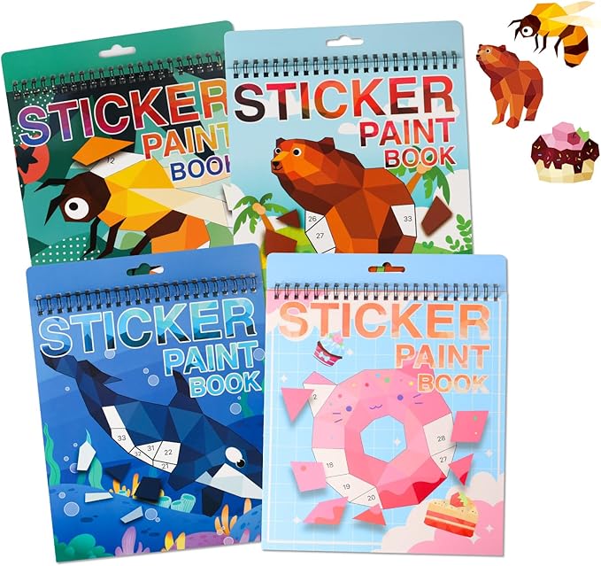 Sticker by Number Book for Kids Ages 4-8, 8-12 and Adults Animals, Ocean, Desserts, Insects Sticker Paint Puzzle Activity Books for Kids Girls Boys Birthday Party Favors Travel Toys