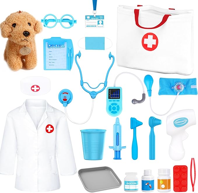 Doctor Kit for Toddlers 3-5 - Doctor Toys for 3 4 Year Old Boys Girls, Pretend Play Medical Kit with Dog, Carrying Bag, Dress Up Costume, Stethoscope, Role Play Birthday for Kids 5 6 7
