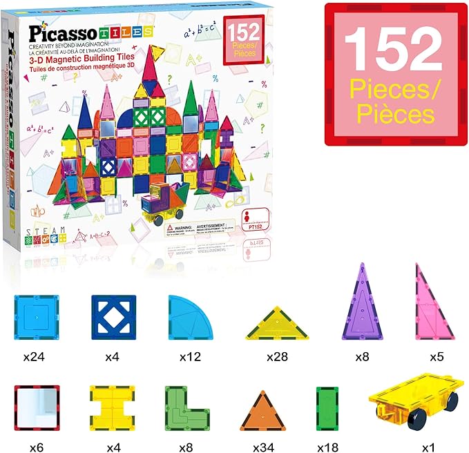 PicassoTiles Magnetic Tiles 152pcs Mirror Theme Magnet Tile Building Blocks STEM Sensory Toys with Car for Kids Toddlers Boys Girls Age 3+ Educational Learning Construction Play Set PT152