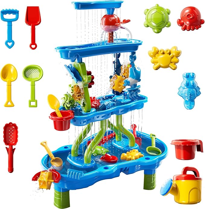 4-Tier Water Table for Toddlers 3-5 Kids Ages 4-8, Summer Outdoor Beach Sensory Activity Playset Kids Sand Box and Water Table Toys, Party Birthday Gifts for Boys and Girls 3 4 5 6 7 8